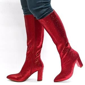 Top Moda Mariha Women's Rhinestone Knee High Boots 6.5 Red Chunky Heel Retro